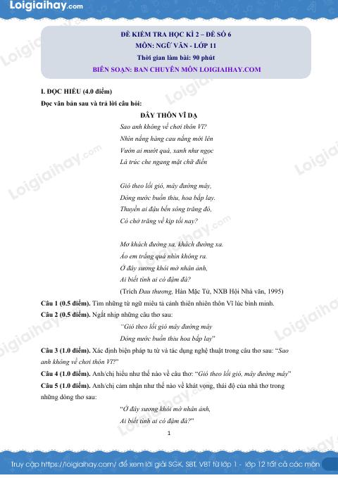 Đề thi học kì 2 Văn 11 - Đề số 6